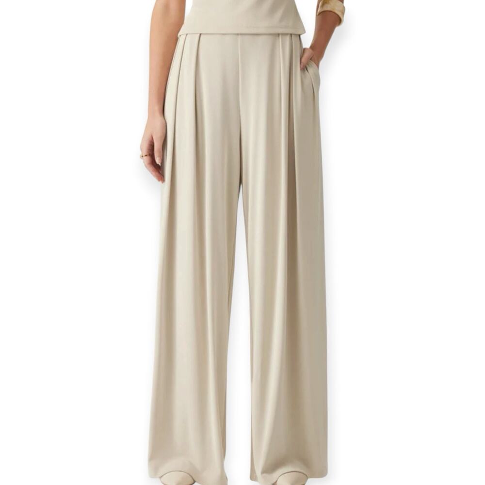 NWT OGL Sandwashed Mid Rise Pleated Wide Leg Palazzo Pants Size Small Beige